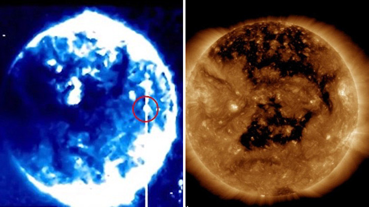 Imágenes del Sol con una esfera azul (izquierda) y sin ellaNASA / STEREO Ahead observatory 