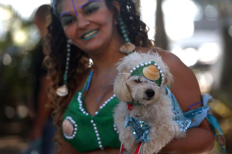 Una mujer fue registrada este domingo al sostener a su perro, durante un desfile de la comparsa animal "Blocão", en la playa de Copacabana, en Río de Janeiro (Brasil). EFE