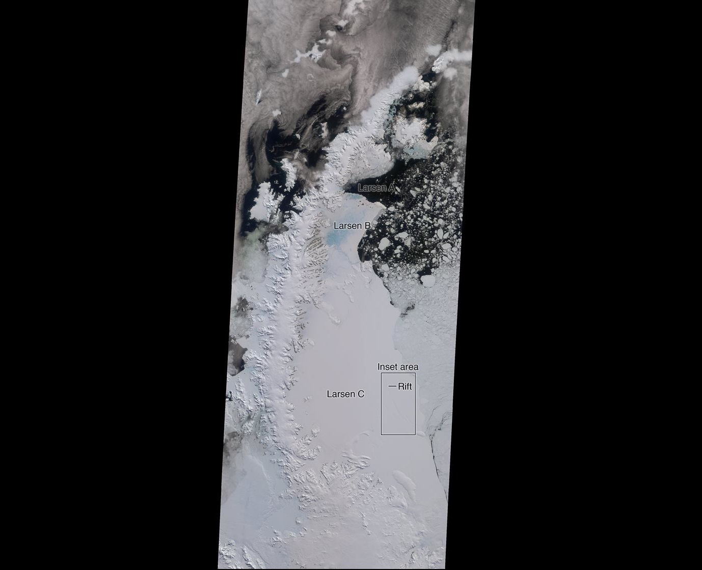 Imagen de satélite de la península de la Antártida. El iceberg de unos 5.800 kilómetros cuadrados, el más grande de la historia. / Foto: EFE