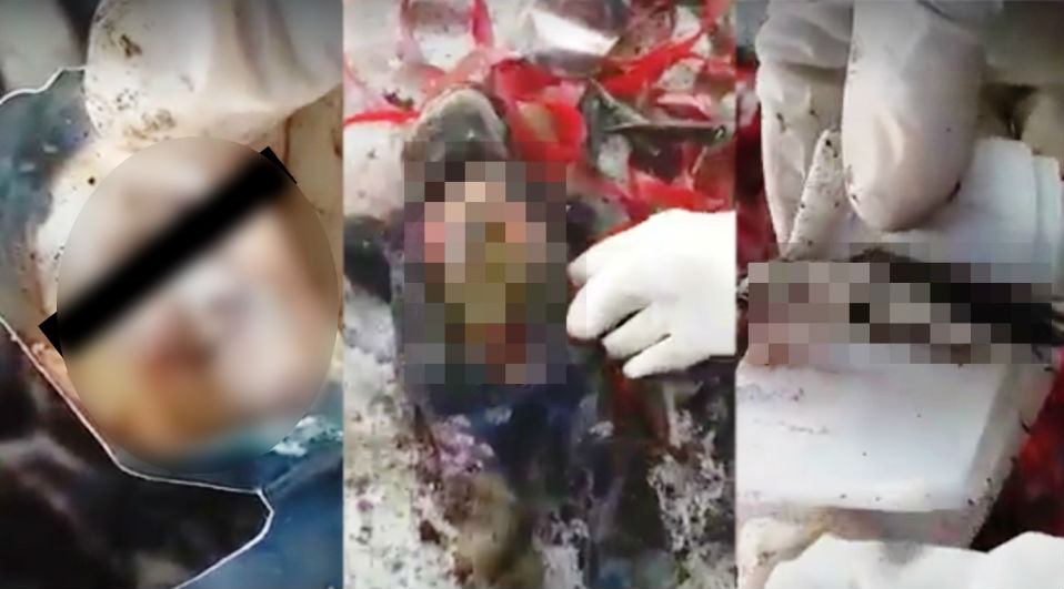 Vista de los artículos encontrados dentro de los trapos rojos amarrados y enterrados en una tumba del cementerio de Aguascalientes. México.