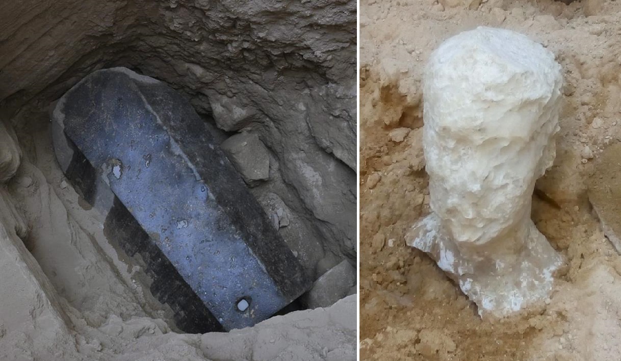 Fotografía sin fechar cedida por el Ministerio Egipcio de Antigüedades que muestra una cabeza esculpida en alabastro hallada junto a un sarcófago de granito negro en un sitio arqueológico en Alejandría (Egipto). EFE