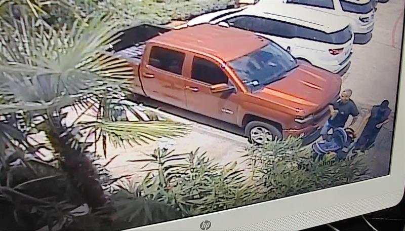 Captura de vídeo que muestra el robo de un tiburón suño cornudo con una red y un carrito de bebé por parte de tres sospechosos en el acuario de San Antonio, en Texas, Estados Unidos. Foto: EFE