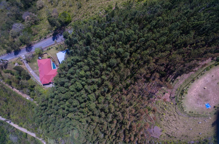 La imagen muestra (der.) el área que fue talada y el riesgo sobre la vivienda (izq.) por eventuales deslaves. Cortesía.