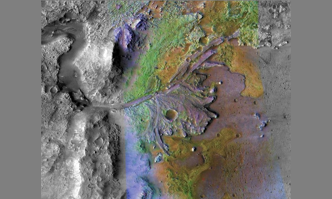 Información del espectrómetro compacto de imágenes de reconocimiento de Marte y la cámara de contexto, donde se muestra el delta del cráter de Jezero, donde los sedimentos contienen arcillas y carbonatos. EFE