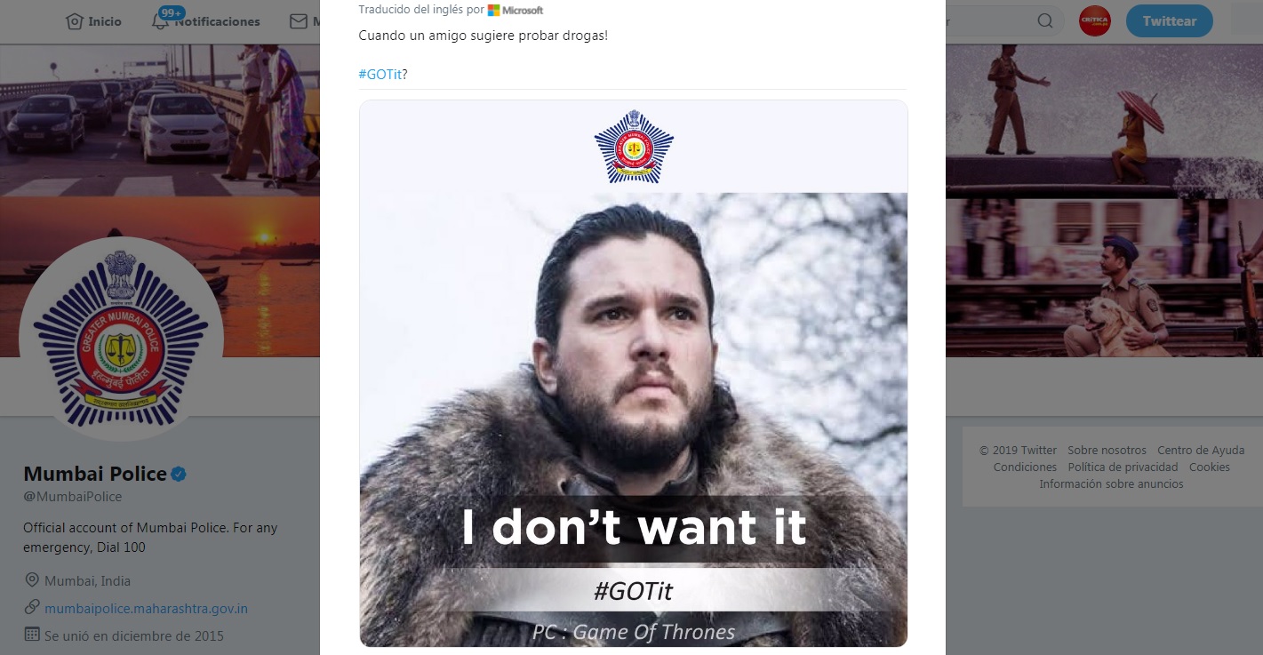 Captura de panatalla Twitter. Imagen: @MumbaiPolice