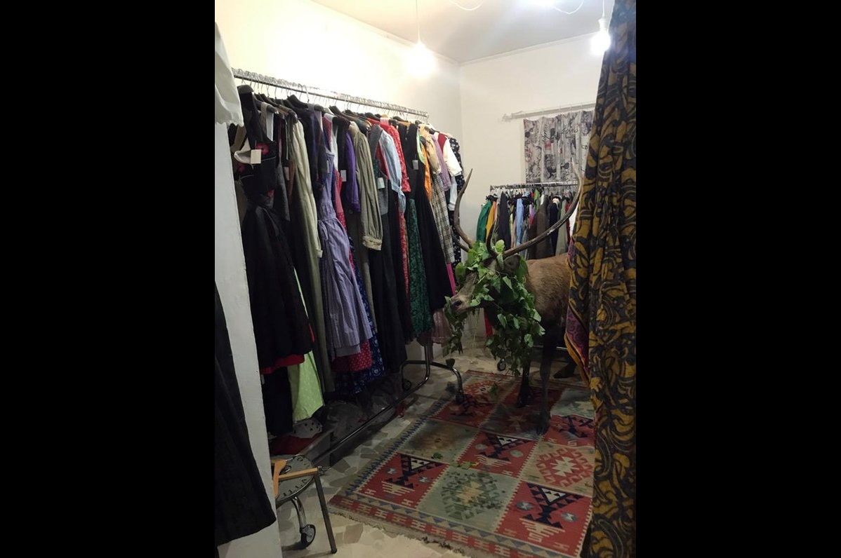 Un ciervo está de pie junto a la ropa después de estrellarse en una tienda en Cortina D'Ampezzo, Italia. AP