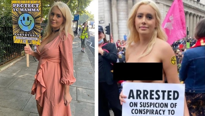 Laura Amherst, de 31 años, es una activista ecológica que protesta en topless por el cambio climático