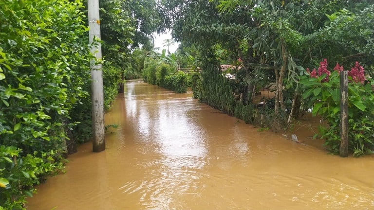 La fuerte creciente de agua rebasó el puente sobre el río La Villa.
