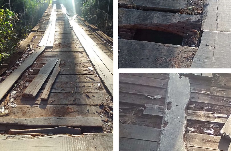 Las tablas de madera se pudren con el agua de lluvia.
