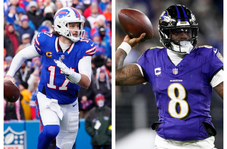 Josh Allen (izq.) y Lamar Jackson se medirán el próximo fin de semana.