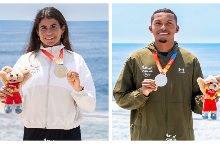 Los surfistas panameños Verónica Correra (izq.) y Edwin Núñez ganaron medalla de oro y plata respectivamente en los Bolivarianos.