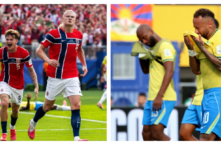 Erling Haaland y sus compañeros (i) celebran uno de sus goles anotados, mientras que jugadores de Brasil lamentan la eliminación.