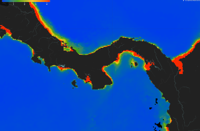 Concentraciones extremadamente bajas de clorofila en los océanos alrededor de Panamá (azul = baja, rojo = alta) en febrero de 2025. Foto: Aaron O’Dea