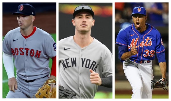 Alex Bregman (izq.), Cody Bellinger (c) y Edwin Díaz. 