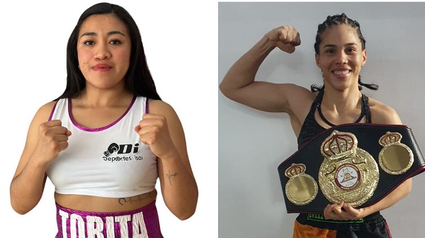 La mexicana Arlenn Sánchez (izq.) y la panameña Nataly Delgado, campeona mundial supermosca de la AMB. Fotos: Cortesía