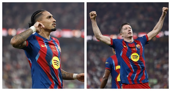 Raphinha (izq.) y Robert Lewandowski marcaron las anotaciones del club blaugrana. Fotos: EFE