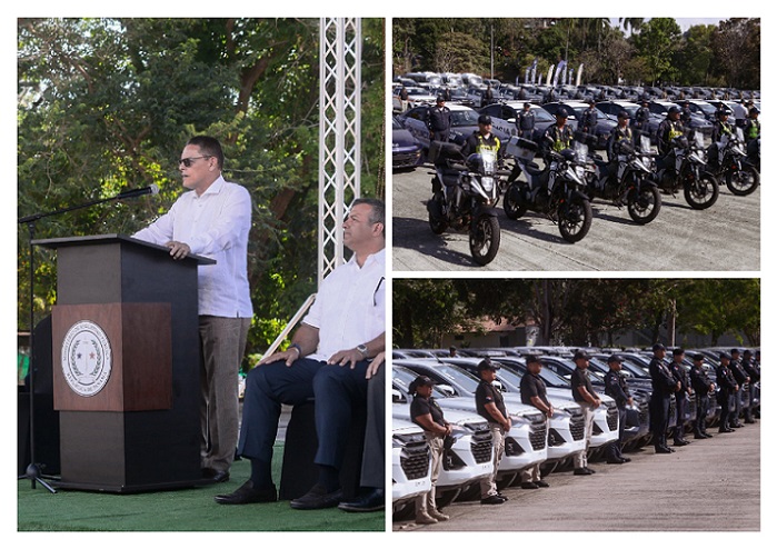 Con una inversión de B/. 3,035,491.72, este jueves el Ministerio de Seguridad hizo la entrega de 98 nuevos vehículos.  /  Fotocomposición: PN