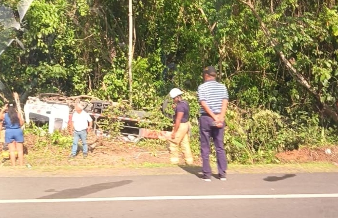 Camión con tanques de gas se voltea y queda metido en matorral en Colón