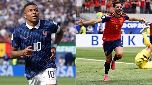 Kylian Mbappé (izq.), de Francia, y Mikel Merino, de Francia.