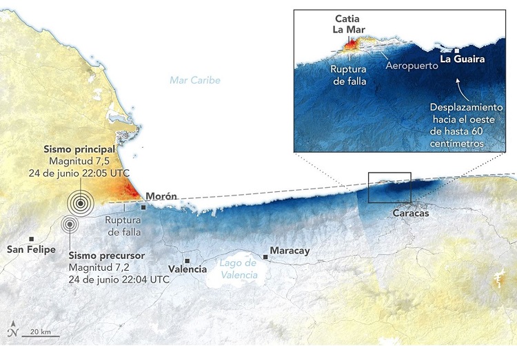 Según los datos recopilados por la NASA, la falla causante del terremoto se fracturó desde la localidad de Morón, avanzó por el mar y regresó a tierra firme cerca del aeropuerto internacional de Caracas. Foto. Mapa/Nasa