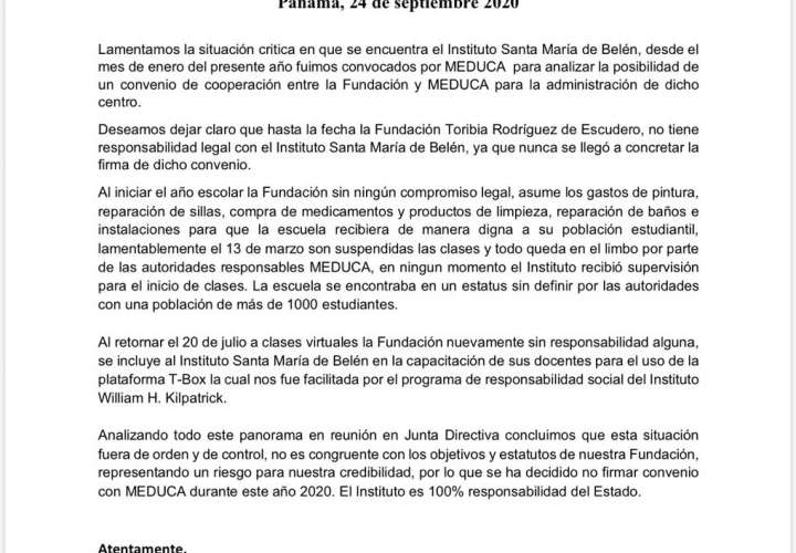 Fundación no firmó convenio con Meduca para administrar escuela