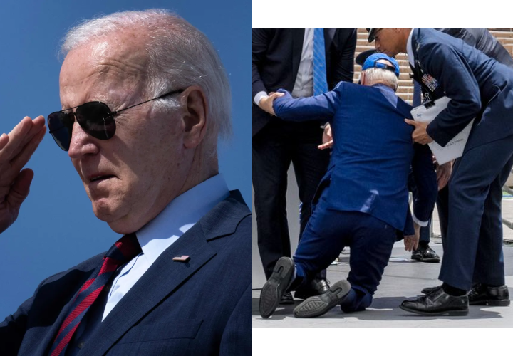 Biden se tropieza y cae al suelo durante una ceremonia militar