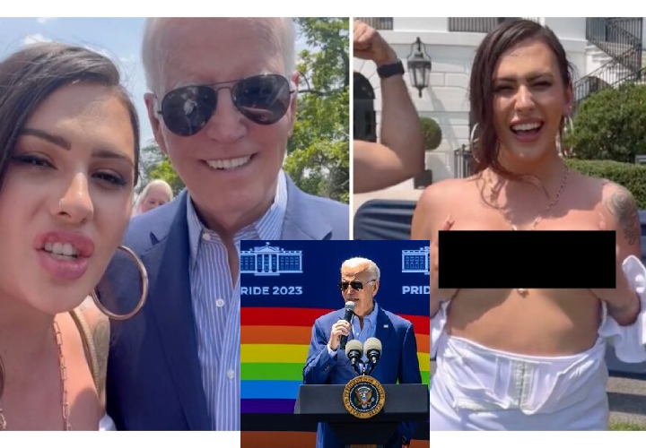 Trans hace 'topless' en la Casa Blanca tras saludar a Joe Biden