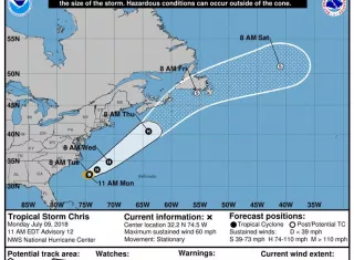 Gráfico cedido por el Centro Nacional de Huracanes (NHC) donde se observan los pronósticos para la tormenta tropical Chris en el Océano Atlántico hoy, lunes 9 de julio de 2018. EFENHC-NOAA