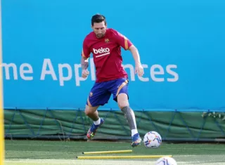 Lionel Messi durante el entrenamiento de hoy lunes.