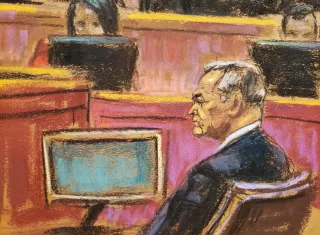 Reproducción fotográfica de un dibujo realizado por la artista Jane Rosenberg donde aparece el exsecretario de Seguridad mexicano, Genaro García Luna, durante su juicio hoy, en el Tribunal Federal del Este de Nueva York. EFE Archivo
