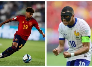 Lamine Yamal (izq.), de España; y Kylian Mbappé, de Francia. Fotos: EFE