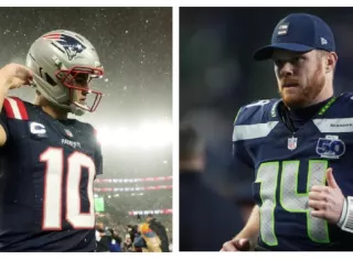 Drake Maye (izq.), de los Patriots y Sam Darnold, de los Seahawks, serán los quarterbacks estelares de sus equipos.