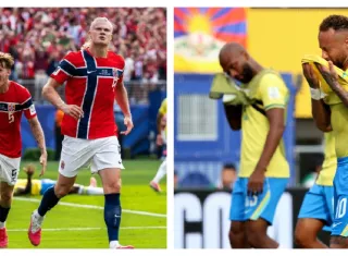 Erling Haaland y sus compañeros (i) celebran uno de sus goles anotados, mientras que jugadores de Brasil lamentan la eliminación.