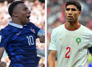 Kylian Mbappé (izq.), de Francia y Achraf Hakimi, de Marruecos se enfrentarán de nuevo.