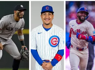 José Caballero (izq.), de los Yankees de Nueva York; Miguel Amaya (c), de los Cachorros de Chicago; y Edmundo Sosa, de los Filis de Filadelfia.
