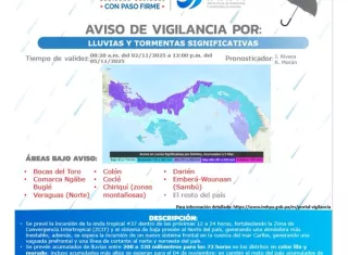 En las zonas marcadas en el mapa con los colores morado y lila se esperan acumulados de lluvias entre 200 a 320 milímetros.