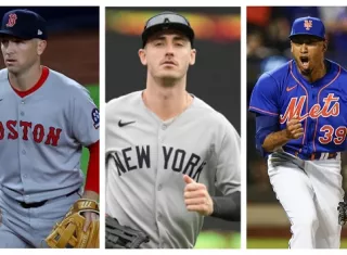 Alex Bregman (izq.), Cody Bellinger (c) y Edwin Díaz. 
