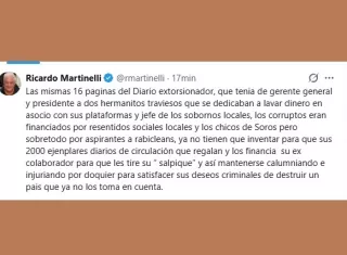 Martinelli suelta misil en X y dispara contra un diario 