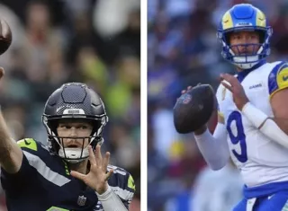 Sam Darnold, de los Seattle Seahawks (izq.) y Matthew Stafford, de los Angeles Rams. 