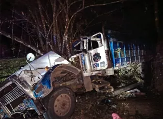 El camióen  chocó contra un poste y un árbol, donde quedó incrustado del lado del pasajero.  /  Foto: BCBRP