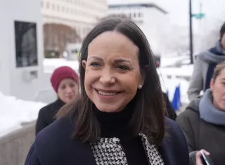 La líder opositora y Nobel de La Paz, María Corina Machado, crítico al  jefe del Gobierno español, Pedro Sánchez, por no apoyar al pueblo venezolano. Foto. EFE