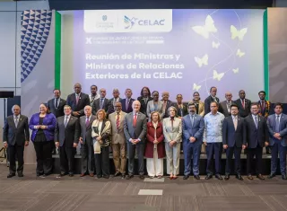 El encuentro se produce en la antesala del traspaso de la presidencia pro tempore de la Celac, que Colombia entregará a Uruguay durante la cumbre de líderes del bloque latinoamericano y caribeño. Foto. @BrunoRguezP