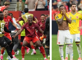 Los suizos celebran su clasificación mientras que los colombianos lucen frustrados tras la eliminación.