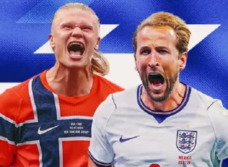 Erling Haaland (izq.), de Noruega y Harry Kane, de Inglaterra.