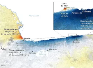 Según los datos recopilados por la NASA, la falla causante del terremoto se fracturó desde la localidad de Morón, avanzó por el mar y regresó a tierra firme cerca del aeropuerto internacional de Caracas. Foto. Mapa/Nasa