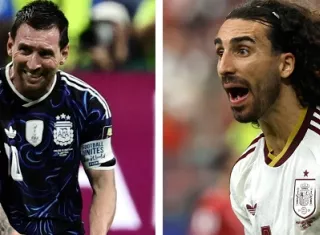 Lionel Messi (izq), de Argentina y Marc Cucurella, de España. 