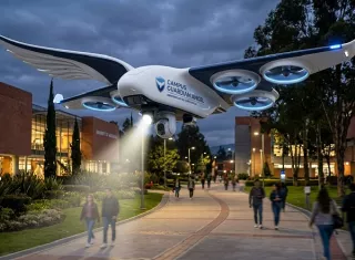 El dron puede recorrer los pasillos a unos 80 kilómetros por hora, pilotados a distancia desde la sede del fabricante, Mithril Defense, en Austin (Texas), con el objetivo de localizar a un atacante en 15 segundos. Foto. IA