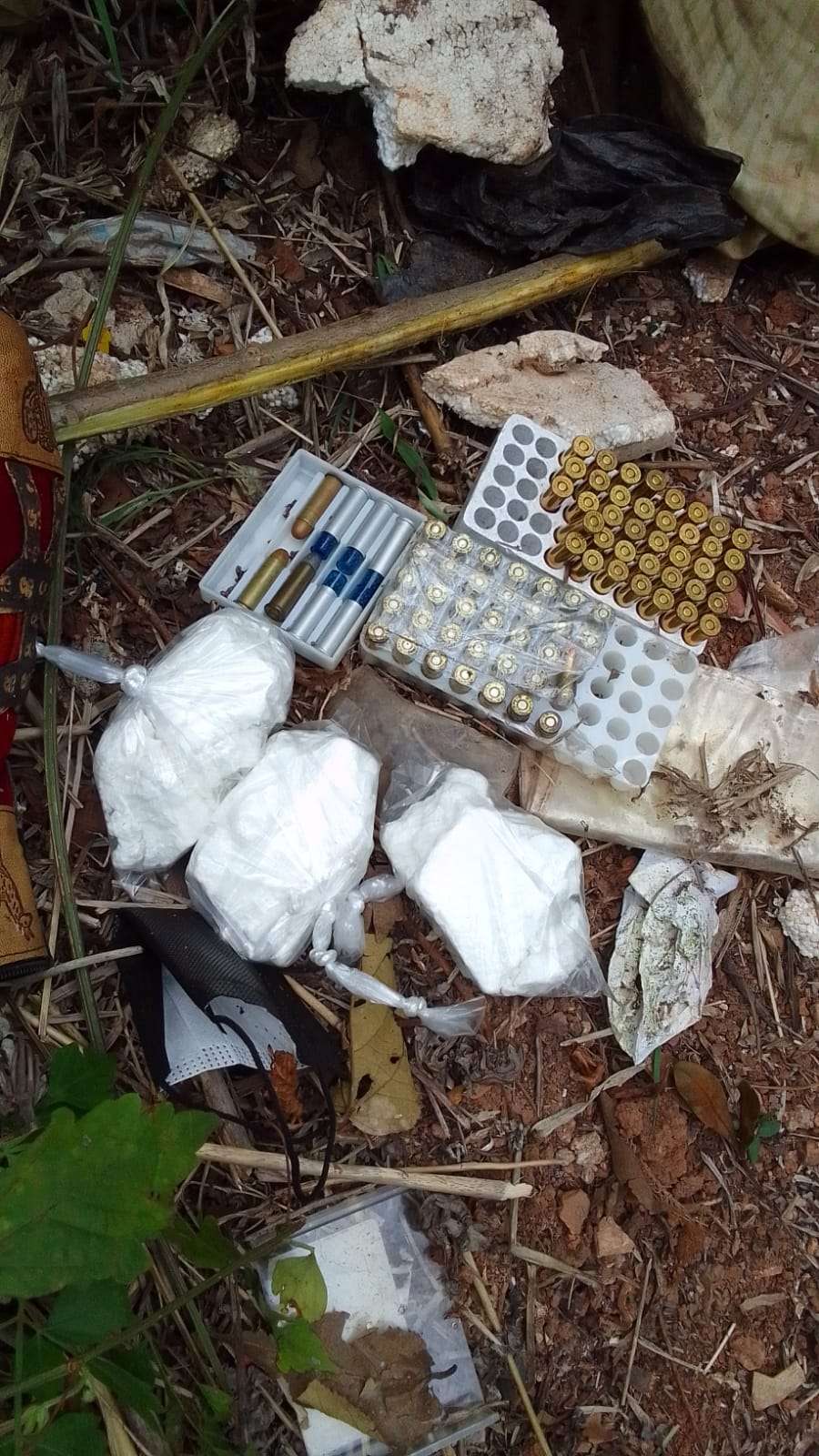 La droga y municiones se encontraban en medio de un área boscosa. 