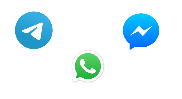 Logos de Telegram, Messenger y WhatsApp.