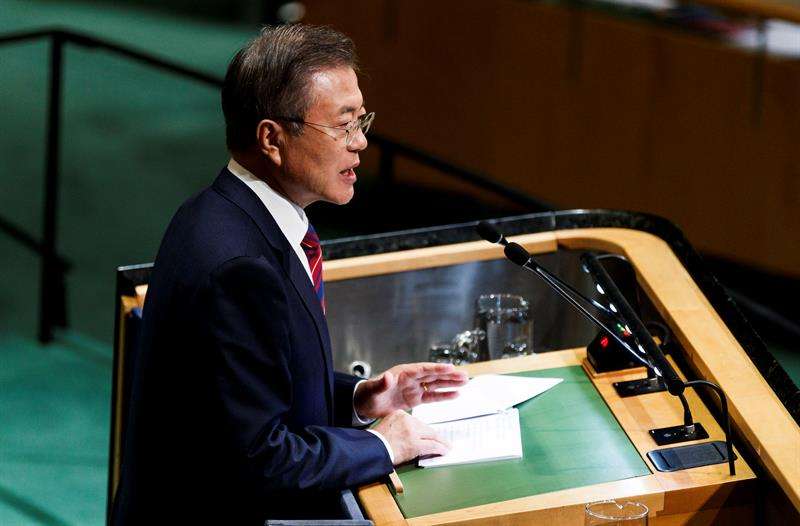 El presidente de Corea del Sur, Moon Jae-in, durante su intervención en la Asamblea General de la ONU, celebrada la semana pasada en Nueva York. EFE/Archivo